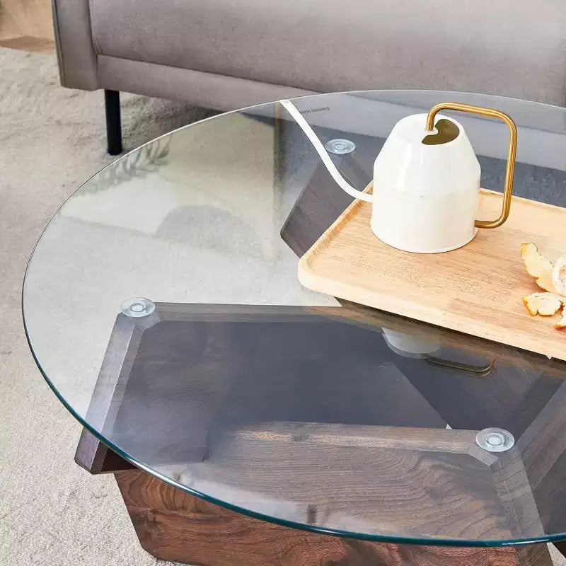 Okak Modern Circular Glass Coffee Table, Small Distinctive Design Tea Table Wood Legs for Living Room Reception Office Farmhouses