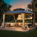 Tonnelle EROMMY à toit rigide, pergola extérieure avec double toit, moustiquaire et rideaux, auvent robuste pour patio, jardin, fête au bord de la piscine
