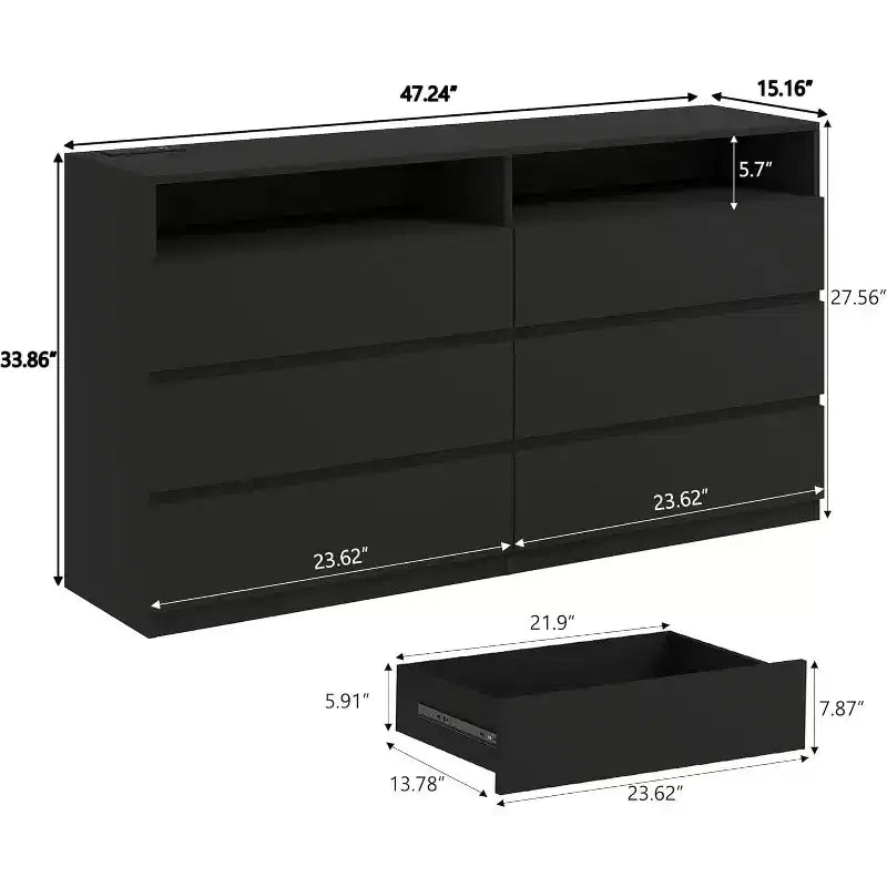 6-Drawer Double Dresser with LED Lights, Wide Storage Chest with Open Shelving,White