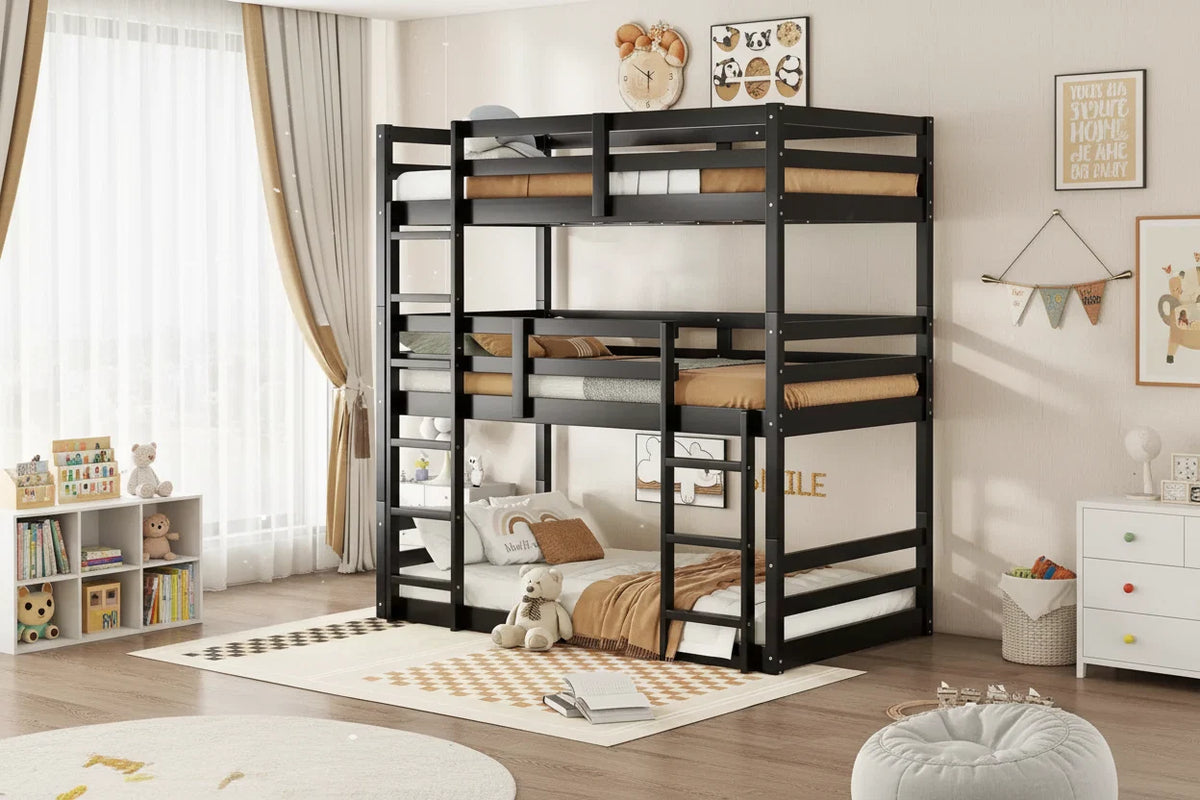 Rubberwood Detachable Triple Twin Bunk Bed with 2 Built-in Ladders and Guardrails