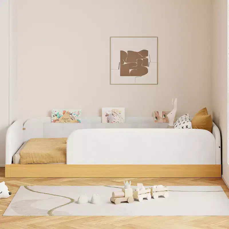 Twin Size Upholstered Platform Bed Frame with Velvet Guardrails & 3 Built-In Storage Bags, Natural