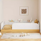 Twin Size Upholstered Platform Bed Frame with Velvet Guardrails & 3 Built-In Storage Bags, Natural