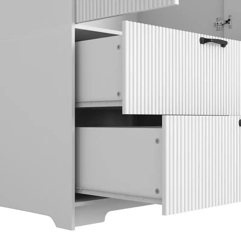 4 Doors White Wardrobe Closet with Mirror, LED Lights, 2 Drawers, Hanging Rod & Adjustable Shelves, Wooden Bedroom Storage Cabinet