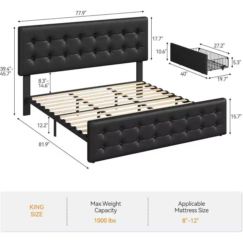 Storage Bed Frame with 4 Drawers & Adjustable Headboard - Upholstered Platform Bed