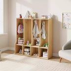 Brown/White 4-Section Cubby Locker with 8 Hooks, for Kids