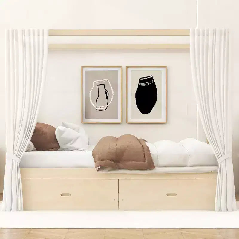 Cadre de lit à baldaquin en bois Whisen de taille Queen avec 2 tiroirs de rangement intégrés, construction robuste et durable