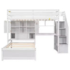Wood Twin Size Bunk Bed with Desk and Staircase, L-Shaped Twin over Twin Loft Bed with Storage Compartments and Shelves