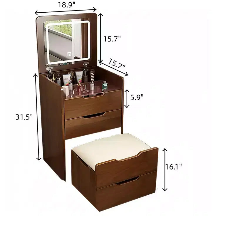 Okak 3-In-1 Vanity Table with Plip Top Mirror, Compact Vanity with Visible Glass Desktop and Cushioned Tool, Vanity Desk for Bedroom