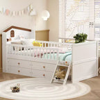Whisen Twin Wooden Bed Frame, Platform Bed Frame with Storage 4 Drawers, Guardrail Headboard and Ladder