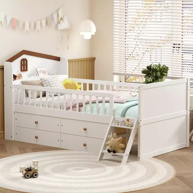 Whisen Twin Wooden Bed Frame, Platform Bed Frame with Storage 4 Drawers, Guardrail Headboard and Ladder