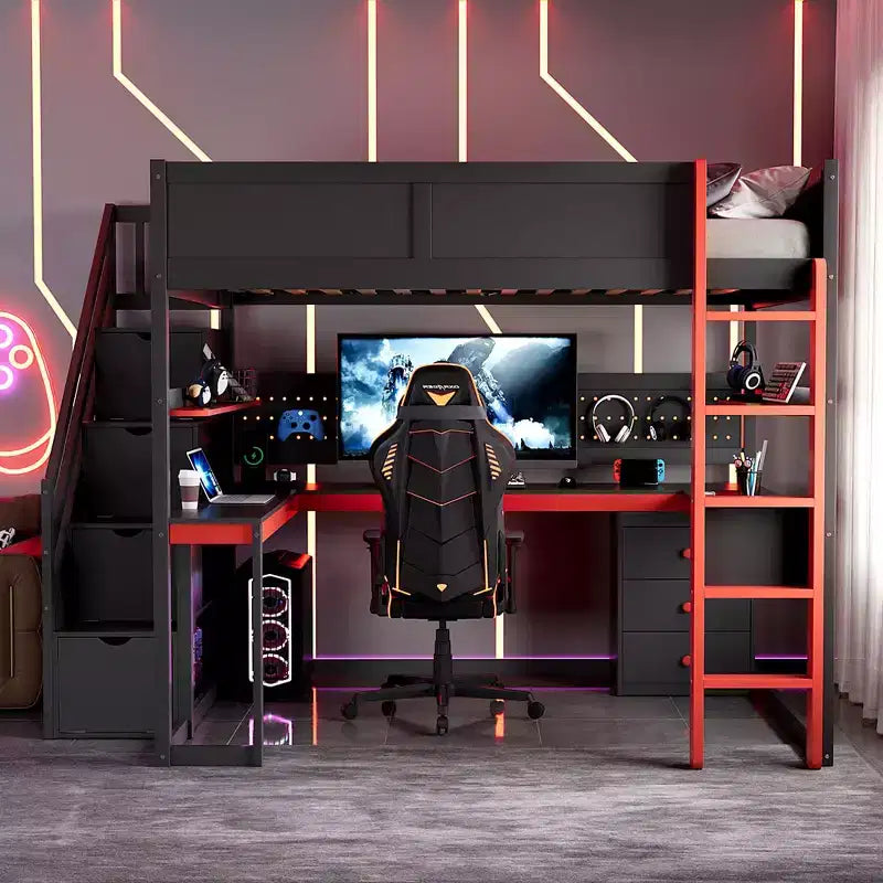 GDFStudio Scott Wooden Gaming Loft Bed with Storage Stairs, Desk, Shelves & Pegboard