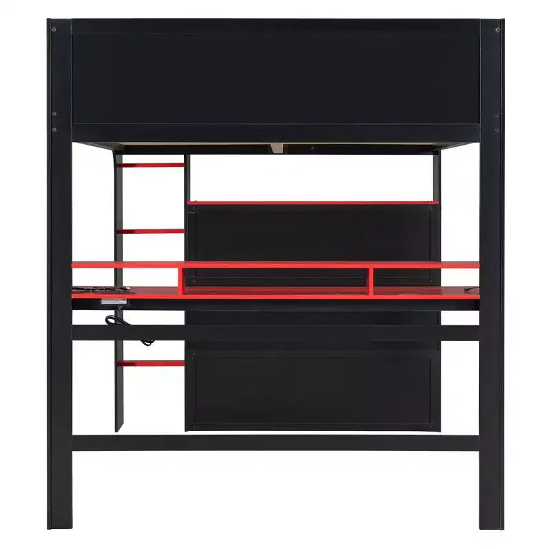 Luxystar Full Size Loft Bed With Lighted Adjustable Desk, Open Wardrobe and Bookcase