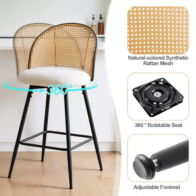Bekrvio 26 Mid-Century Modern Swivel Bar Stools Set of 2/3/4, Boucle Upholstered Bar Chairs with Rattan Back & Metal Legs for Kitchen Counter