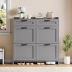 Shoe Cabinet with 4 Flip Drawers & 2 Top Drawers, Wooden Shoe Organizer Cabinet with Adjustable Shelf, Freestanding Shoe Storage Cabinets