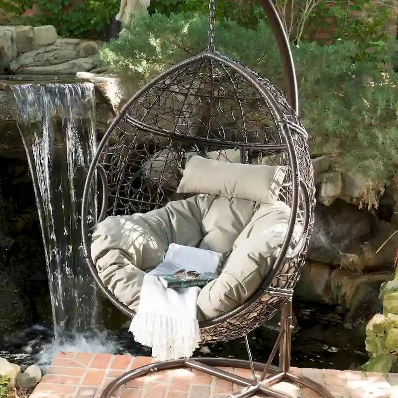 Waterproof Outdoor Wicker Hanging Basket Chair with Cushions, Hammock Seat - 300 lbs Capacity