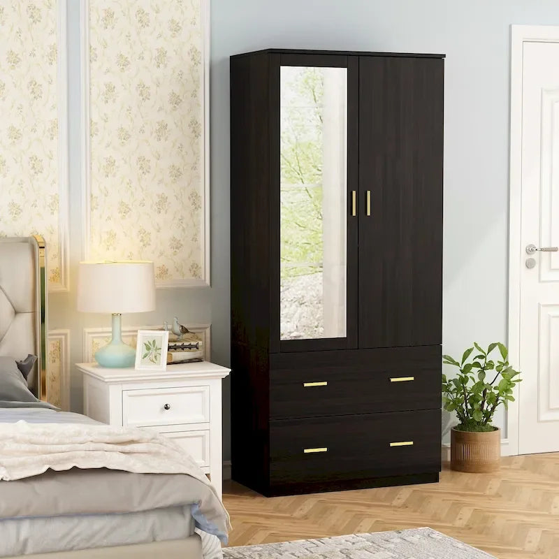 Armoire à deux portes avec miroir, blanc/brun foncé, 31,5L x 72H po – 31,5L x 72H po