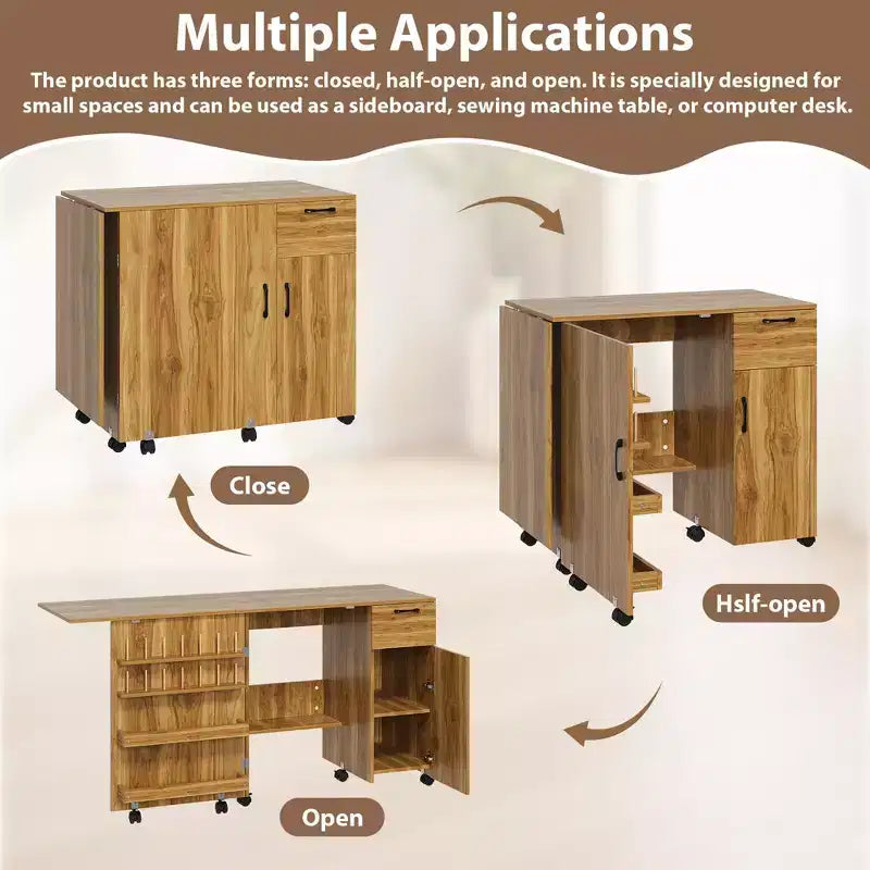 Folding Sewing Machine Table, Rolling Side Desk for Sewing Machine, Craft Station with Lockable Wheels for Home, Bedroom, Small Spaces