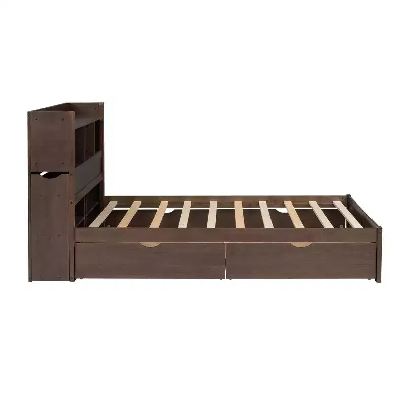 Full Storage Platform Bed with Trundle, Bookcase Headboard and Charging Station, Wooden Full Size Bed Frame with Shelves and Drawers