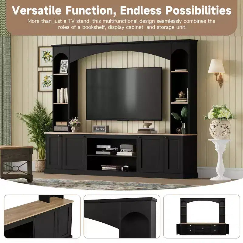 Whisen 91 Media Console, Arched Entertainment Center Wall Unit, Farmhouse TV Stand with Bookshelf, Wood Grain for TVs Up to 70
