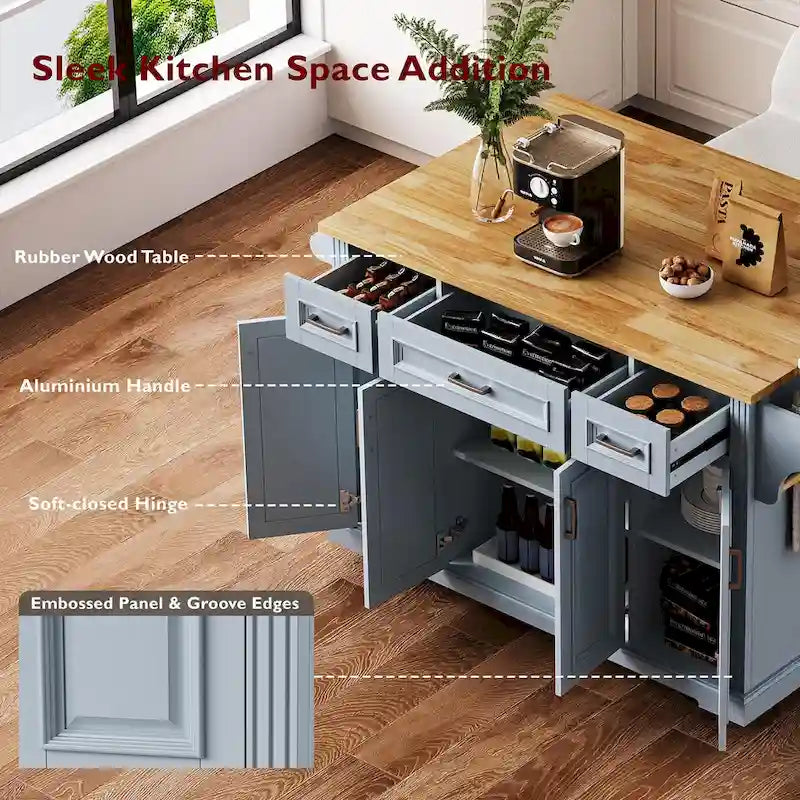 54  Large Kitchen Island with Rubber Wood Drop Leaf, Embossed Texture Rolling Kitchen Cart on 4 Wheels with 4 Doors & 3 Drawers