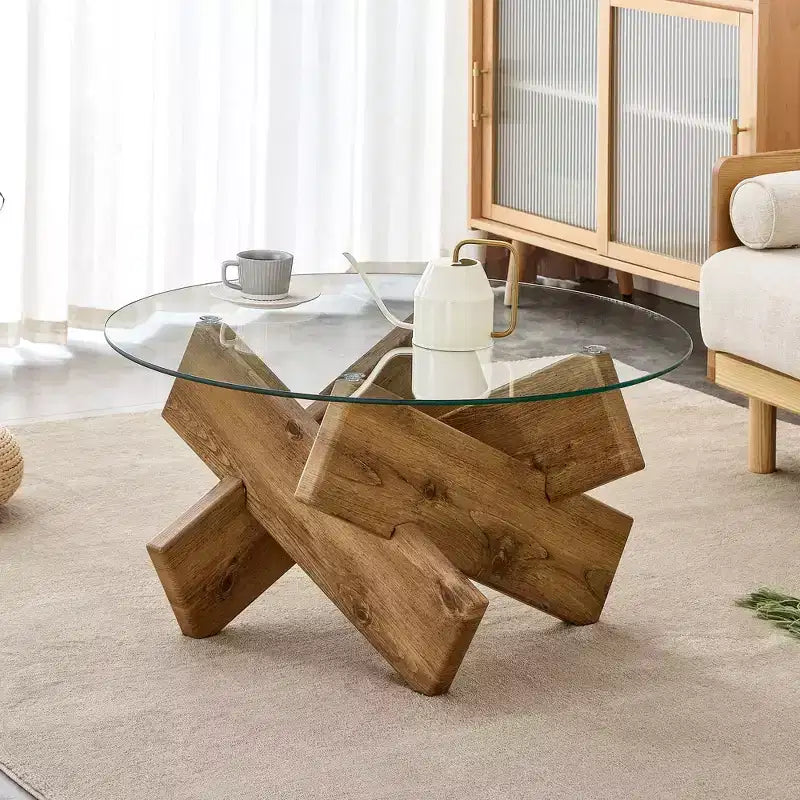 Okak Modern Circular Glass Coffee Table, Small Distinctive Design Tea Table Wood Legs for Living Room Reception Office Farmhouses