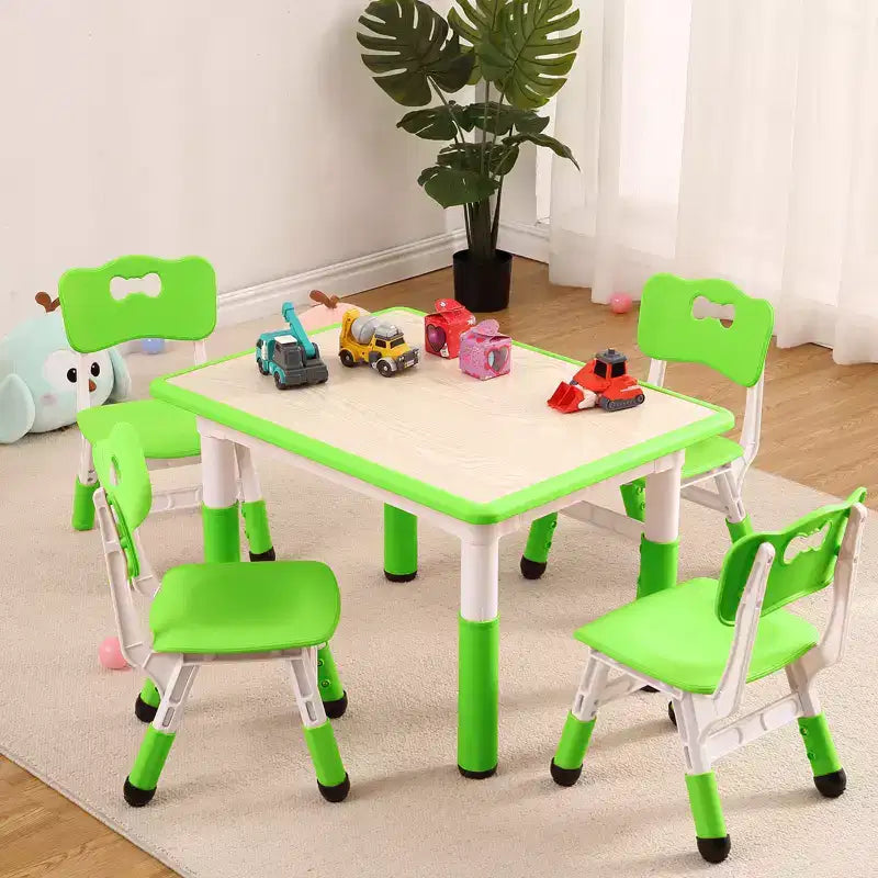 Children's table and 4 chairs, height-adjustable, doodle tabletop, multifunctional children's table and chair set for reading, drawing, dining