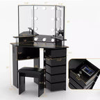 Corner Makeup Vanity Desk with Lights, Dressing Table with Power Outlet and Rotating Drawers for Bedroom