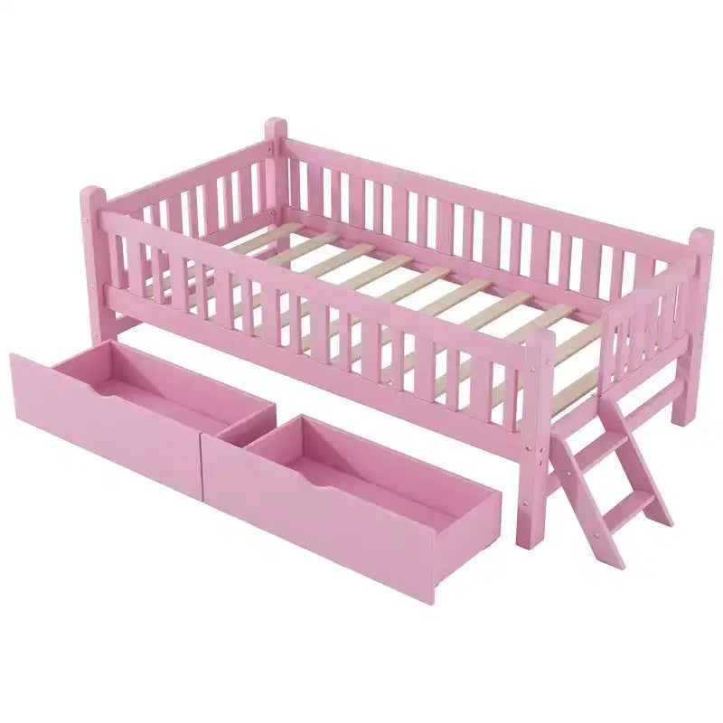 Whisen Twin Size Wood Platform Bed with Guardrail and 2 Drawers