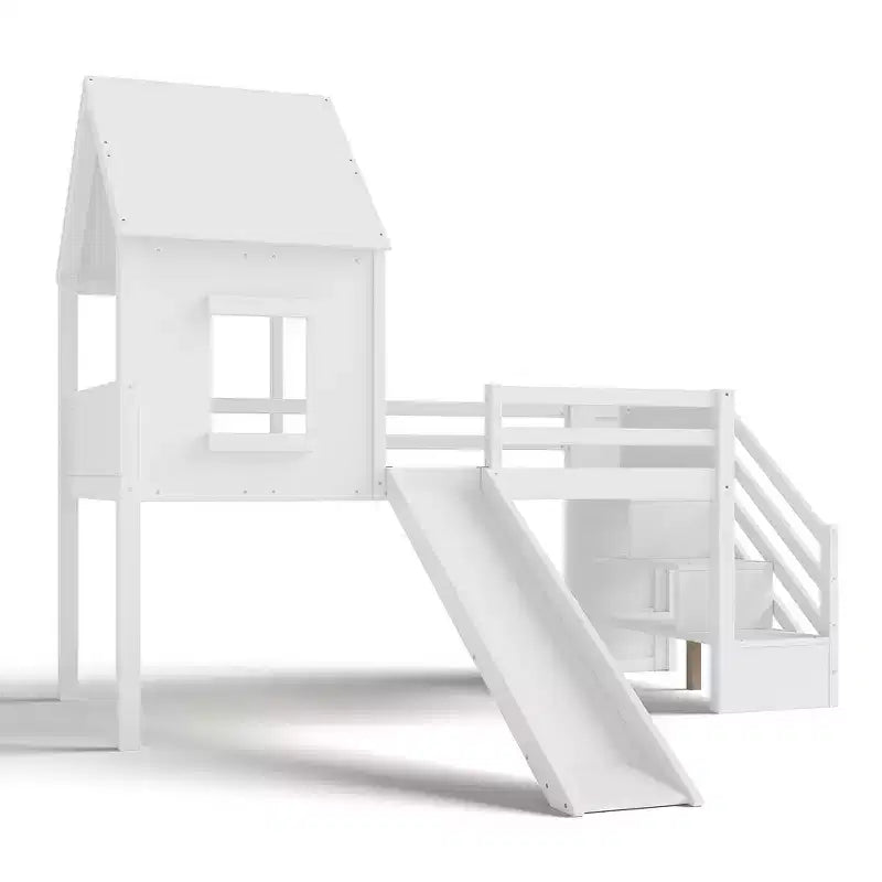 Letto a soppalco singolo con 3 cassetti e scala contenitore, struttura a casetta in legno con scivolo e scrivania rimovibile