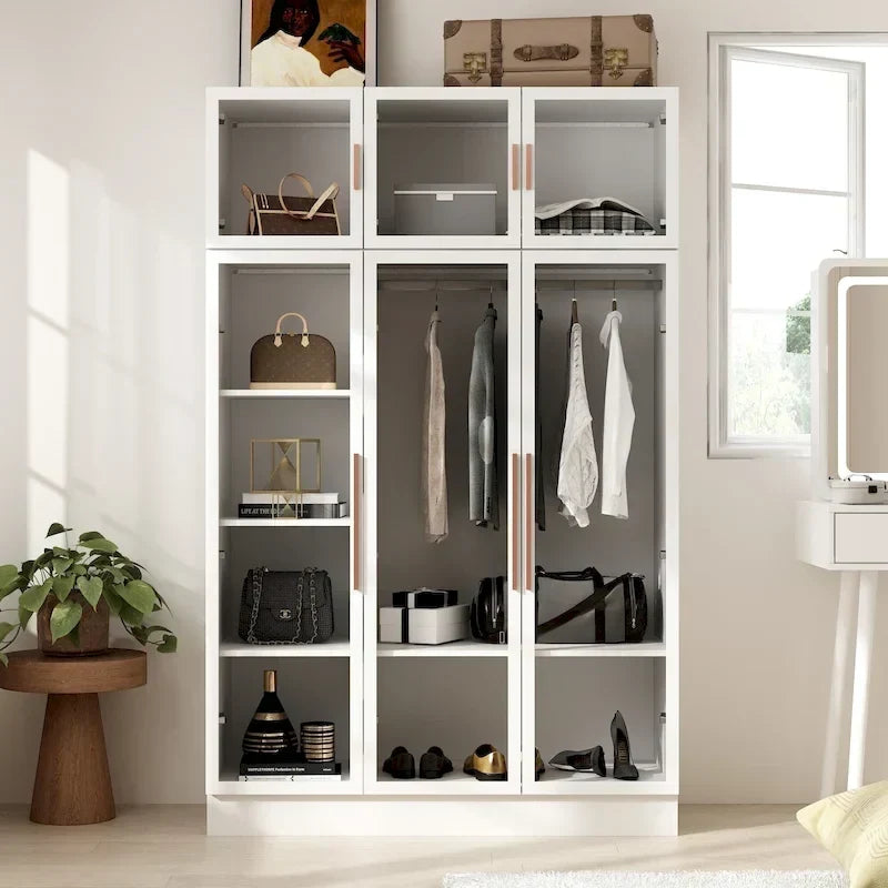 47.2 Wide Armoire LED Light All Glass Door Closet Cabinet Wardrobe