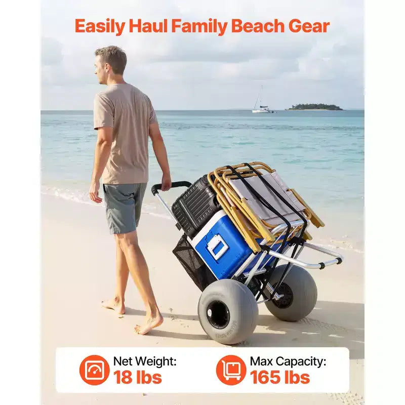 VEVOR Beach Dolly with Big Wheels for Sand, 20 x 15 Cargo Deck, Folding Sand Cart with 12 Balloon Wheels, 165 lbs Loading Capacity, Silver+Black