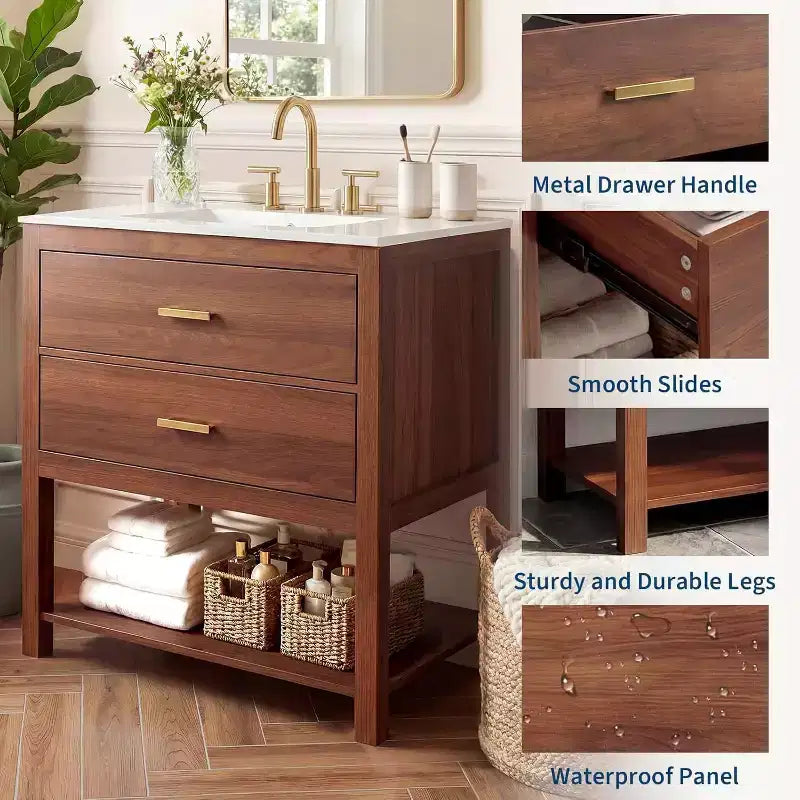 36 Farmhouse Bathroom Vanity with Sink  Freestanding Walnut Vanity Cabinet with 2 Drawers, Open Shelf & Handles, Easy Assembly
