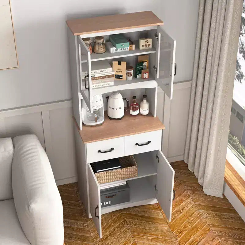 23 Wooden Kitchen Cabinet, Pantry Microwave Cabinet with Glass Doors and Drawers, Adjustable Shelves, White