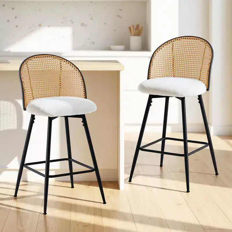 Bekrvio 26 Mid-Century Modern Swivel Bar Stools Set of 2/3/4, Boucle Upholstered Bar Chairs with Rattan Back & Metal Legs for Kitchen Counter