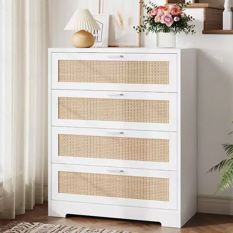 Zstar Modern Tall Rattan 4 Drawer Dresser or Living Room, Hallway, Entryway, Bedroom