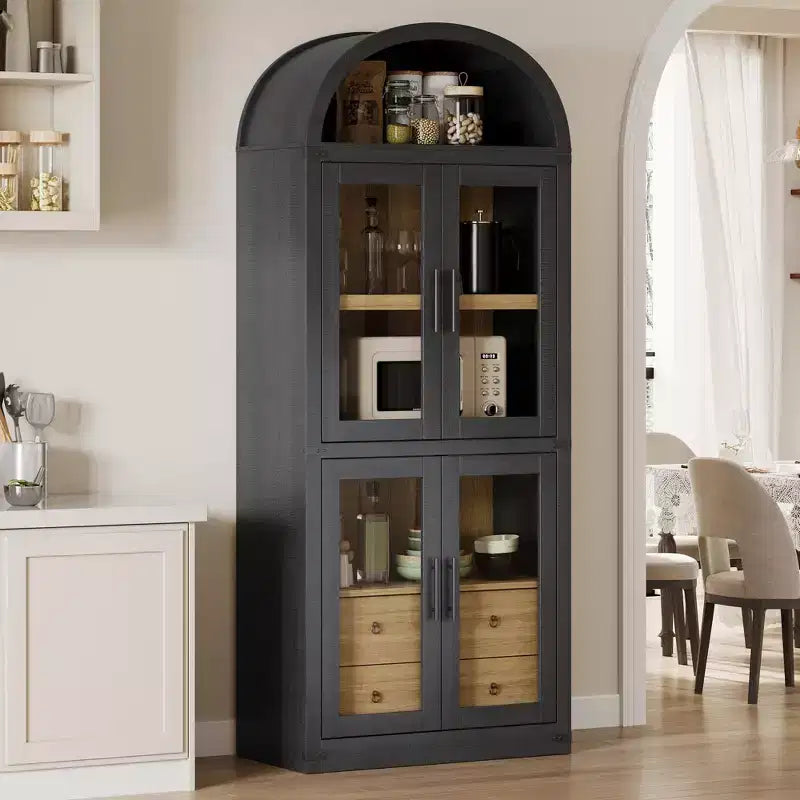 GustoWave 71.4 Tall Arched Bookcase with 4 Doors and 2 Drawers, 15.8 Depth Display Cabinet Storage Shelves ,Wooden Bookshelf