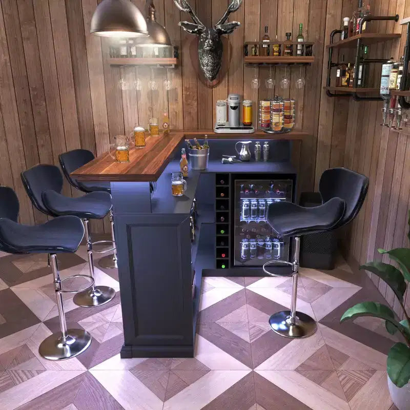 GDLF L Shaped Home Bar Cabinet with Fridge Space, Oversized Modern Basement Bar Table