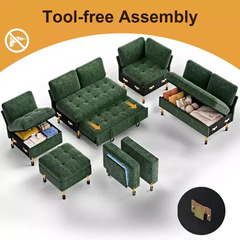 Dyonery 7-seater reclining sofa, modular sofa, side table with hidden storage, rechargeable