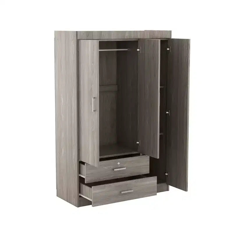 Whisen Wood 3-Door Wardrobe Armoire with Hanging Rod, 2-Drawers, and Storage Shelves