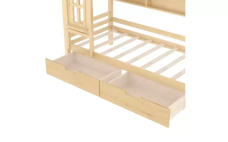 House Platform Bed with Storage Drawers and Window, Solid Wood Frame with Shelves, Childlike Fun Design, Light White