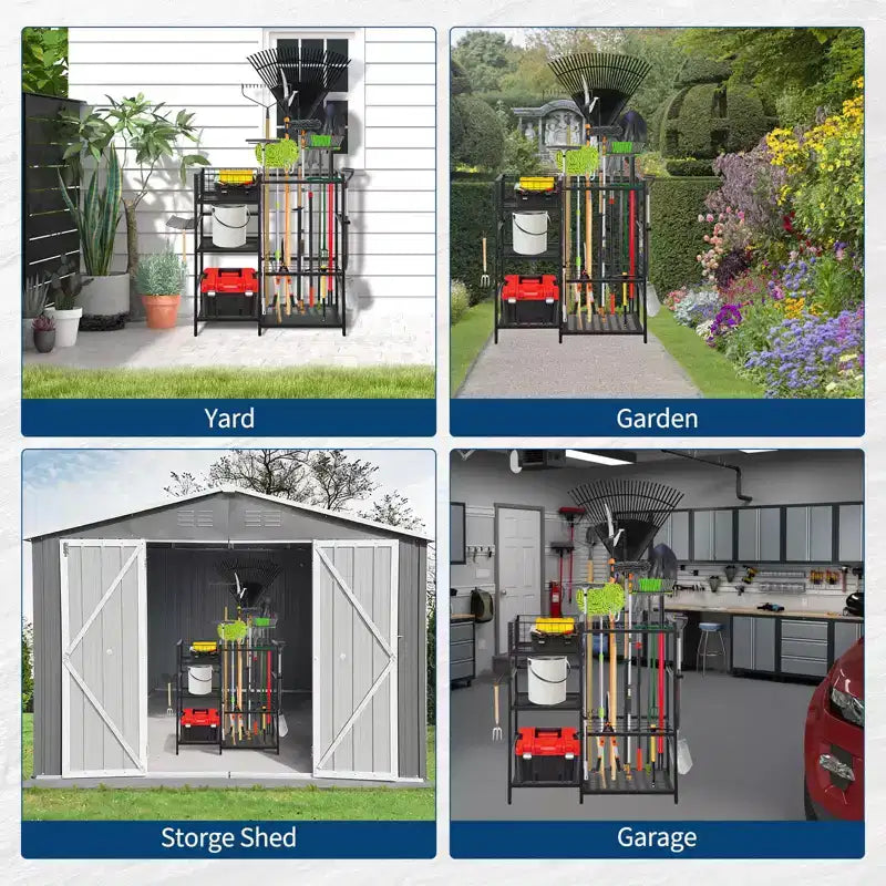 Organisateur d'outils de jardin, support de rangement à 3 niveaux pour outils de jardinage, pour jusqu'à 35 outils à long manche, support d'outils de jardin autonome pour abri de jardin
