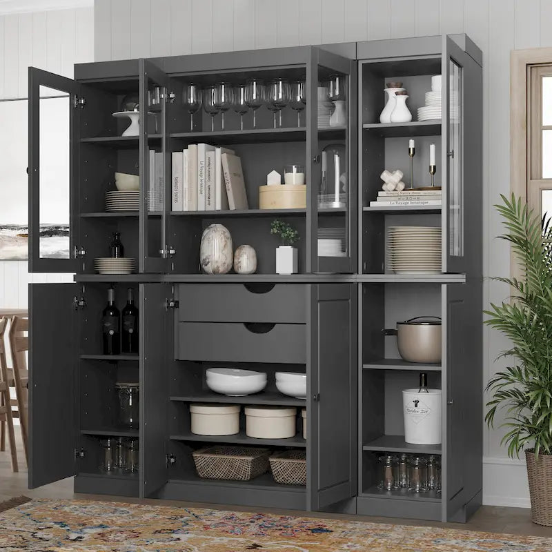 100% Solid Wood Kitchen China Pantry Buffet with Glass or Solid Wood Doors and 2-Drawer Kit 65 x 71.5