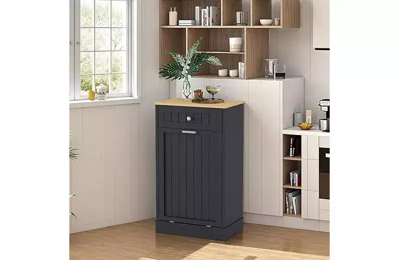 Poubelle et meuble de recyclage en bois COZONY avec tiroir dissimulé Support de poubelle de cuisine autoportant anti-animaux, design peu encombrant