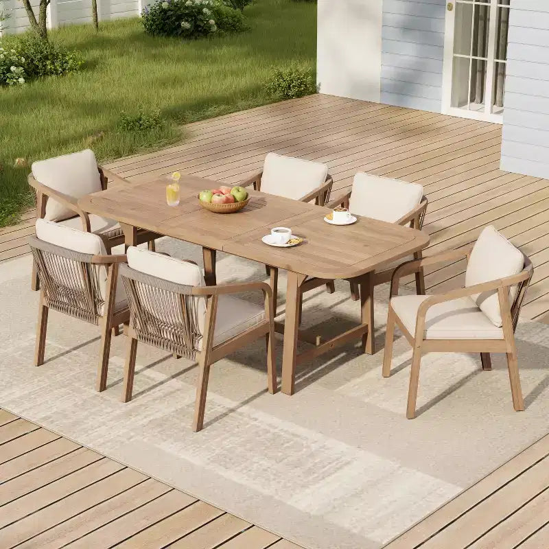 Ensemble de salle à manger d'extérieur Christopher Knight Home Olcott 7 pièces en bois d'acacia avec table extensible et fauteuils en corde tressée