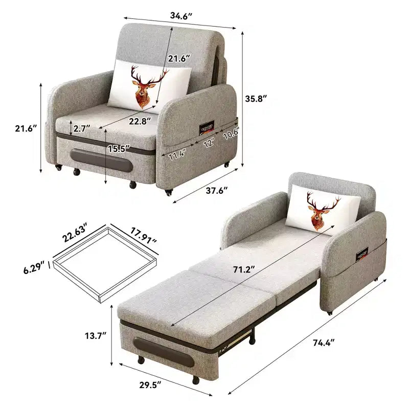 Gaoyangjiaju 3-in-1 Convertible Sleeper Chair with Storage Drawer - Pull-out Sofa Bed with Side Pocket & Pillow - Grey