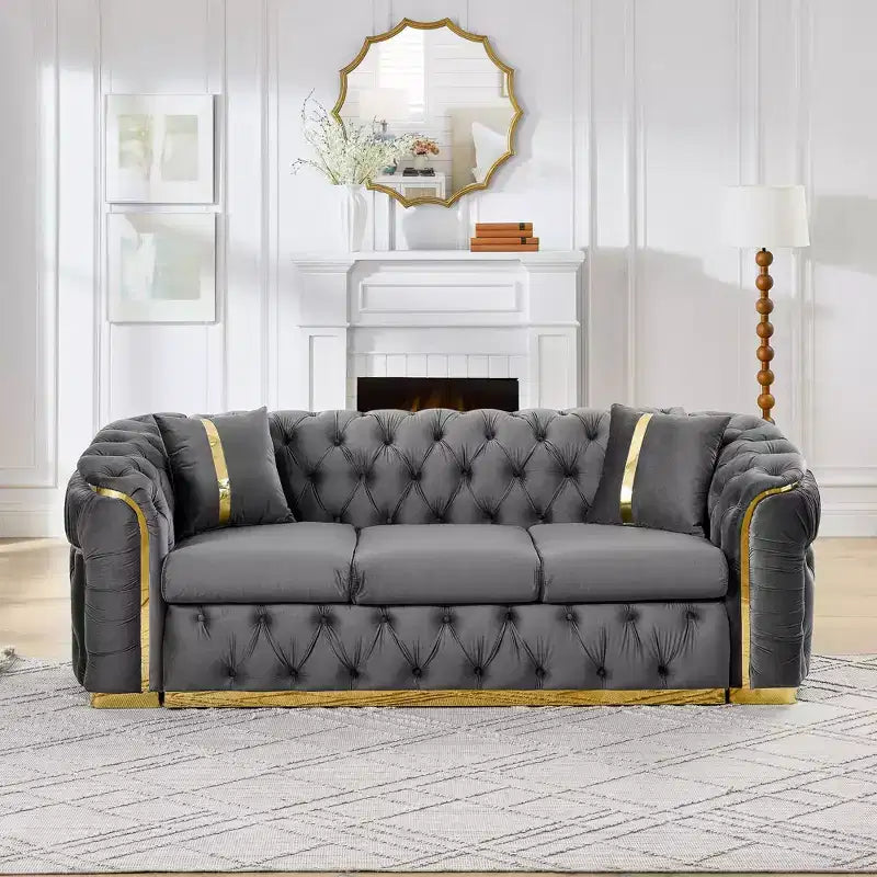 Luxurious 90.6 Inch Velvet Chesterfield Sofa with Button Tufting, Gold Accents, and 2 Pillows - Premium 280g Italian Velvet for Elegant Living Rooms
