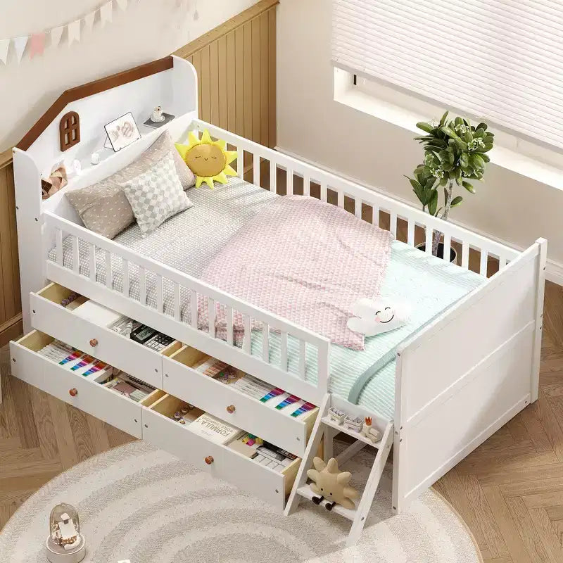 Whisen Twin Wooden Bed Frame, Platform Bed Frame with Storage 4 Drawers, Guardrail Headboard and Ladder