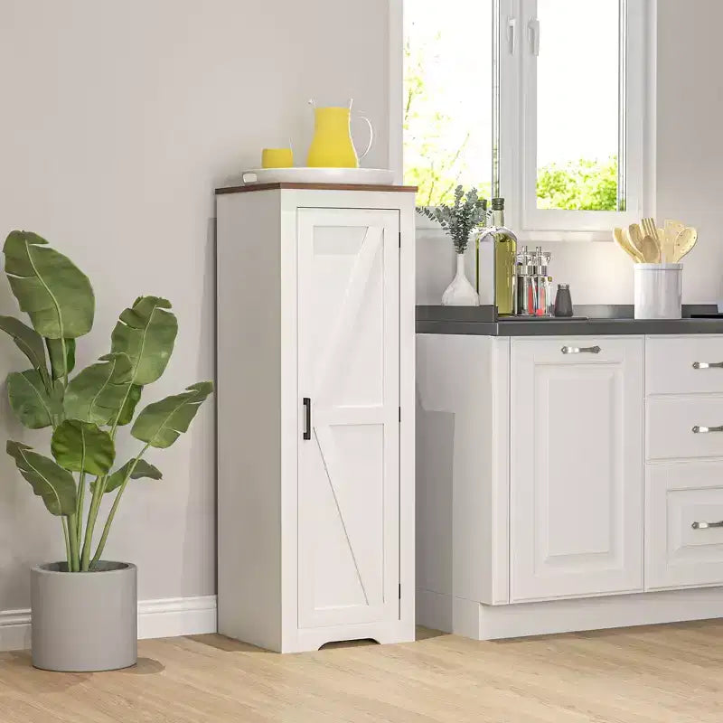 HOMCOM Farmhouse Storage Cabinet with Adjustable Shelf, Single Barn Door Accent Cabinet for Living Room, Floor Pantry Cabinet, White
