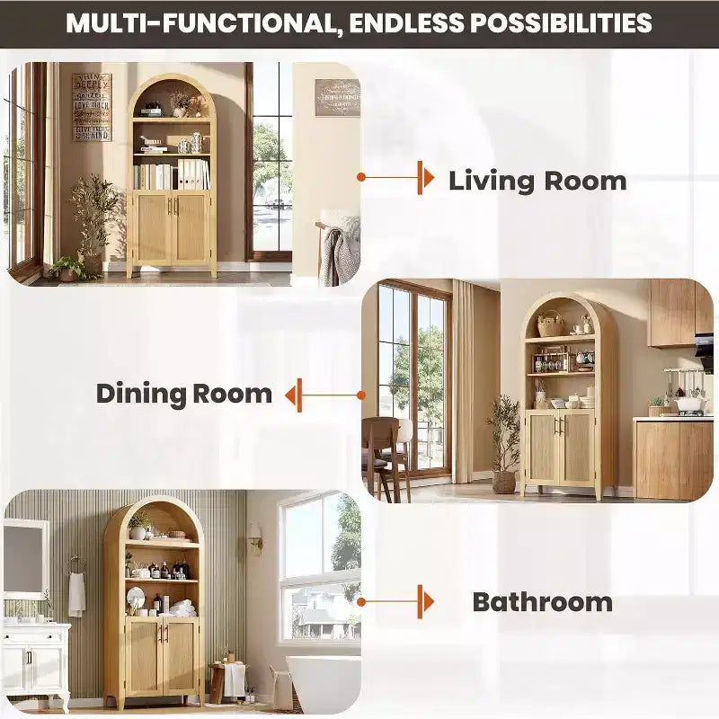 5-Tier Open Display Shelf with Rattan Decor, Farmhouse Storage Cabinet, Arched Kitchen Pantry Storage Cabinet, for Home, Office, Living Room