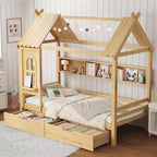 House Platform Bed with Storage Drawers and Window, Solid Wood Frame with Shelves, Childlike Fun Design, Light White